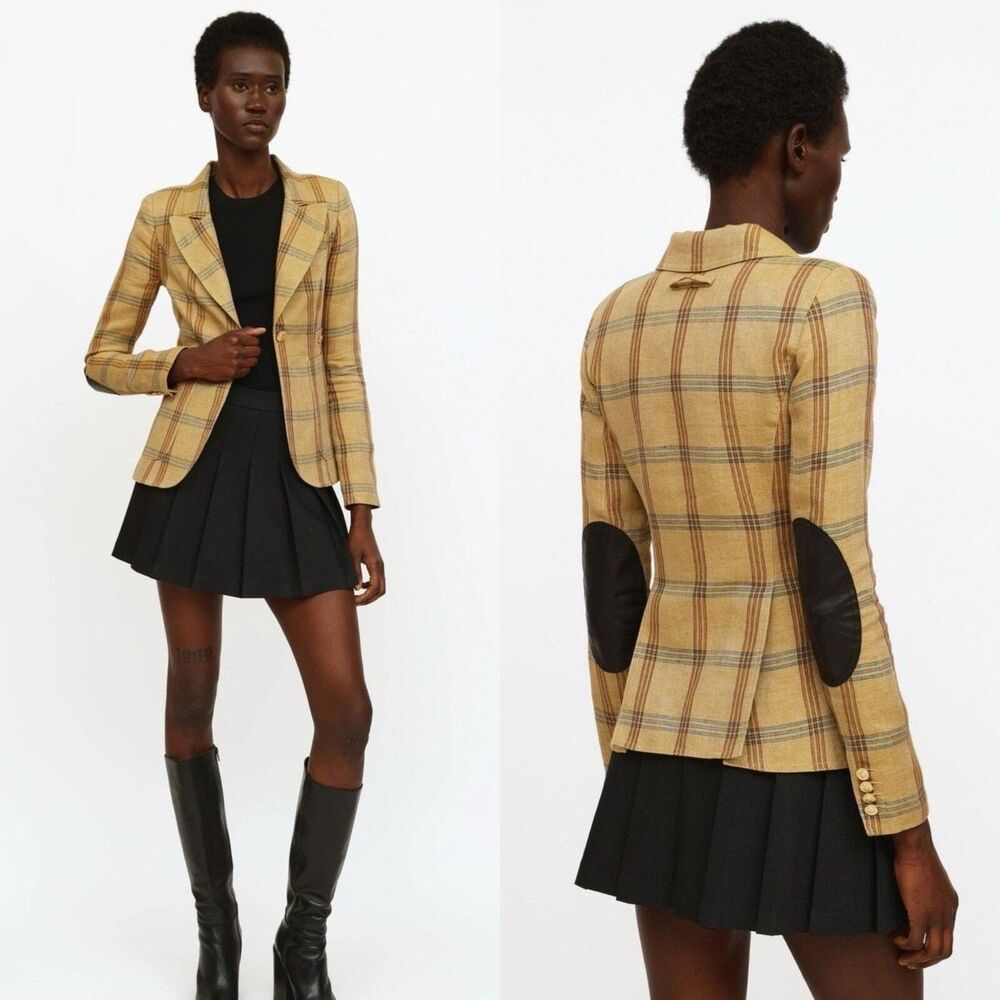 Smythe Duchess Plaid Blazer Jacket Patch Pocket Leather Elbow Patches Size 6
